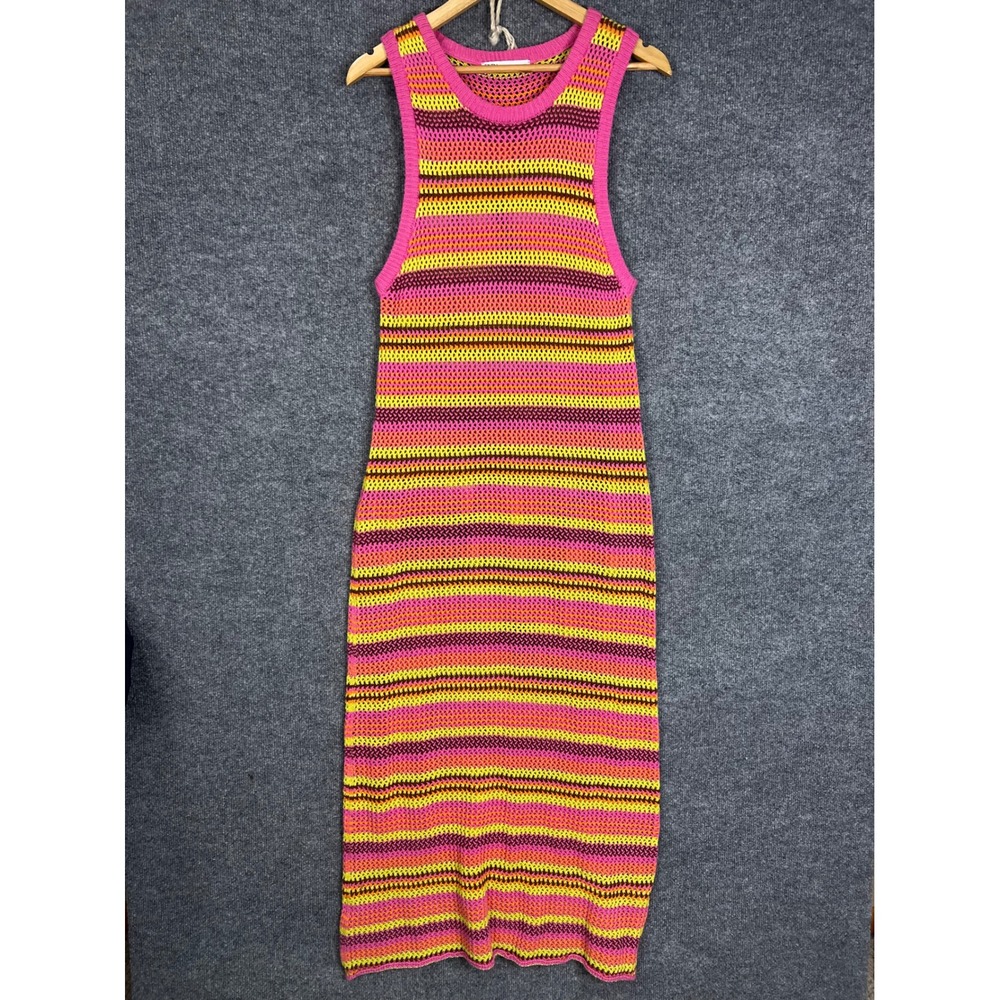 Zara Maxi Dress Womens Large Pink Yellow Striped Crochet Knit Sleeveless Good